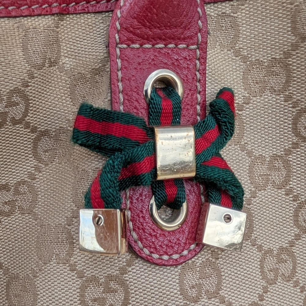 Gucci GG Canvas Tote Bag Red Leather Trim Monogram Shoulder Bag Authentic - Picture 5 of 12